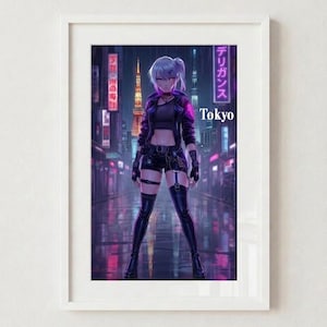May include: A framed wall art print featuring an anime-style character with white hair in a dark jacket, crop top, and shorts standing on a wet city street at night. The background displays neon signs, the Tokyo Tower, and the text Tokyo.