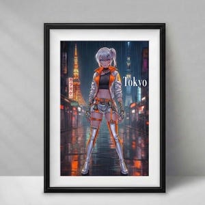 May include: A framed wall art print featuring an anime-style character with white hair, wearing an orange and white jacket, black crop top, and shorts. The background depicts a rainy Tokyo street at night with the text Tokyo and Japanese characters.