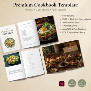 Puede incluir: Una plantilla de libro de cocina digital titulada The Everyday Kitchen, que muestra múltiples diseños de páginas abiertas con fotografía de alimentos, texto de recetas y una tabla de contenidos. Incluye 30 páginas y 4 diseños de recetas.