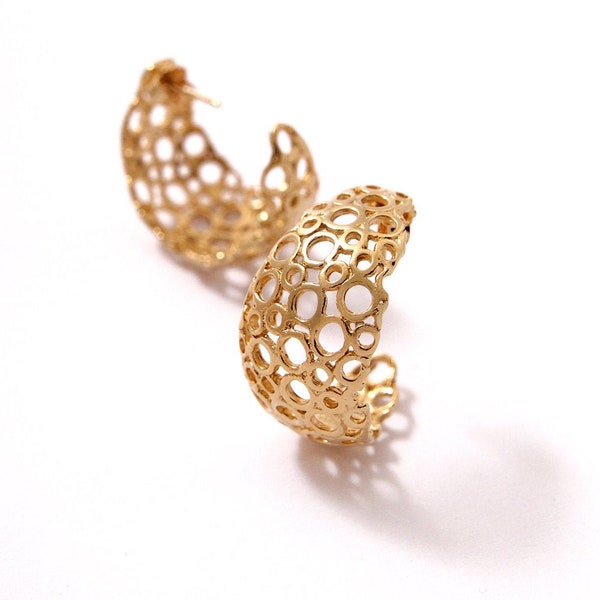 Gold Honeycomb Hoop Earrings, Thick Hoop Earrings, Goldene Ohrringe, Boho Earrings, Statement Earrings, Chic Earrings Matte Gold Earrings