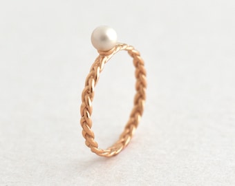 14K Rose Gold Pearl Ring, Minimalist White Pearl Ring, Engagement Ring, Pearl Eternity Ring, Dainty Gold Stacking Ring, Mother Of Pearl Ring