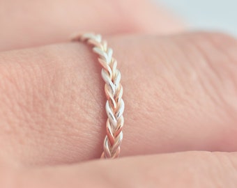 Mixed Metal Ring, Unique Braided Trinity Ring, Two Tone Wedding Band, Rose Gold & Silver Celtic Knot Ring, Twisted Rose Gold Wedding Band