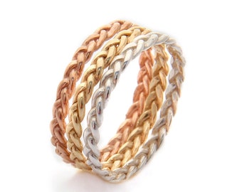 14K Stacking Rings, 3 Rings Set, Braided Gold Rings, Tri Color Gold Ring, Everyday Gold Rings, Contemporary Rings, Rose Gold Ring