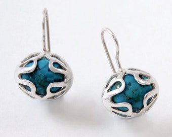 Silver Turquoise Dangle Earrings, December Birthstone, Turquoise Gemstone, Geometric Everyday Earrings, Turquoise Stone, Blue Drop Earrings