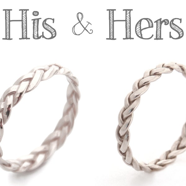 White Gold Matching Rings For Couple, Unique Woven Wedding Bands, His And Hers Bands, Celtic Knot Promise Rings, Braided Bands, Couples Ring
