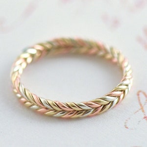 Trinity Wedding Ring, Unique Braided Wedding Band, Tricolor Gold Ring, Braided Three Tone Gold Ring, 3 Tone Ring, Woven Ring