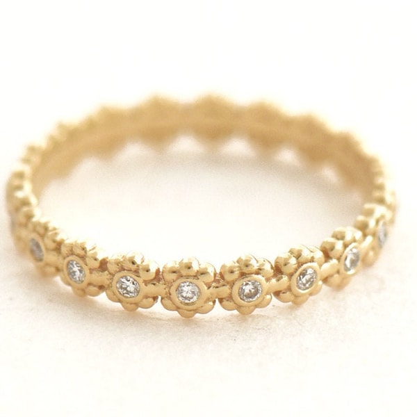 Small Diamonds Ring, Thin Gold Ring, Unique Eternity Wedding Band For Women, Gold Daisy Flower Ring