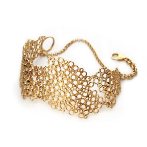 Gold Honeycomb Bracelet, Chunky Solid Gold Bracelet, Statement Cuff Bracelet, Gold Bangle, Yellow Gold Bracelet, Modern Wide Bracelet image 1