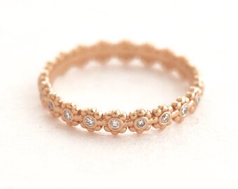 Dainty Rose Gold Wedding Ring, Diamonds Ring, Daisy Band Ring, Delicate Floral Eternity Band, Flower Band Ring, Thin Gold Ring For Women