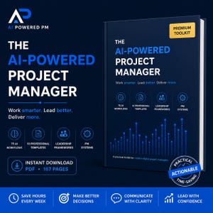 Könnte beinhalten: Ein dunkelblaues Buch mit dem Titel The AI-Powered Project Manager und einem gelben Premium Toolkit-Etikett. Das Cover zeigt weißen Text, blaue Symbole für Workflows, Vorlagen, Frameworks und Systeme sowie ein blaues Datendiagramm. 167 Seiten.