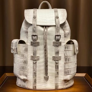 Puede incluir: Una mochila blanca con un patrón texturizado de piel de cocodrilo, que cuenta con dos bolsillos laterales, una solapa superior con cierres de hebilla y una abertura con cordón. El diseño incluye correas verticales con hebillas metálicas y el texto Lucky Strike Handmade.