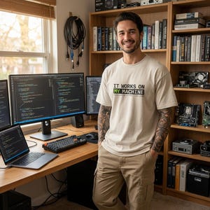 以下が含まれることがあります： 胸元に黒と緑の文字で「IT WORKS ON MY MACHINE」とプリントされた、ベージュの半袖Tシャツ。クルーネックで標準的なフィット感があり、無地の生地に縫い目がはっきりと見えるデザインです。