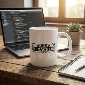 Puede incluir: Una taza de cerámica blanca con el texto en negro y verde IT WORKS ON MY MACHINE, junto al subtítulo Developer's Guide, vol. 1.0.0 (beta) // status: deployed. La taza cuenta con un asa estándar y un diseño de cuerpo cilíndrico liso.