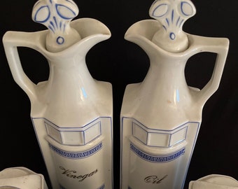Vintage Oil and Vinegar Cruet Set with Spice Jars, Blue & White, Made in Germany