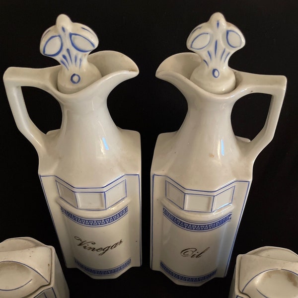 Add some FRENCH COUNTRY to your Kitchen ~ offering...Vintage Oil and Vinegar Cruet Set * Made In Germany * Blue & White * Spice Set