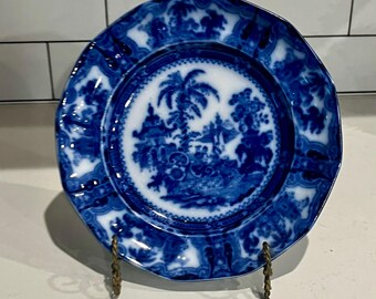 Flow Blue Dinner Plate, Kyber Pattern, W Adams & Sons Transferware