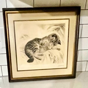 May include: Framed black and gold artwork featuring a pencil sketch of a kitten. The kitten is lying down, curled up on a soft surface. The artwork is in a gold frame with a black outer frame.