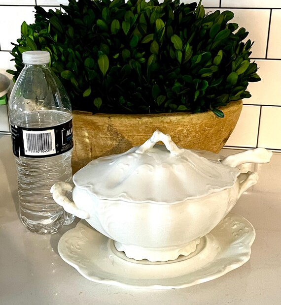Petite Tureen with Lid Ladle and Saucer ~ Semi Porcelain ~ England ~ White Ironstone ~ Replacement ~ 16 oz