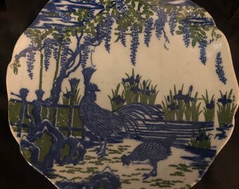 Nabeshima Ware Japanese Plate - Serving Dish with Rooster and Wisteria n Blues with green