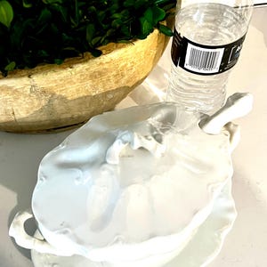 May include: A white porcelain gravy boat with a matching saucer. The gravy boat has a handle and a decorative, scalloped edge. A clear plastic water bottle is next to the gravy boat. A wooden bowl with green foliage is in the background.