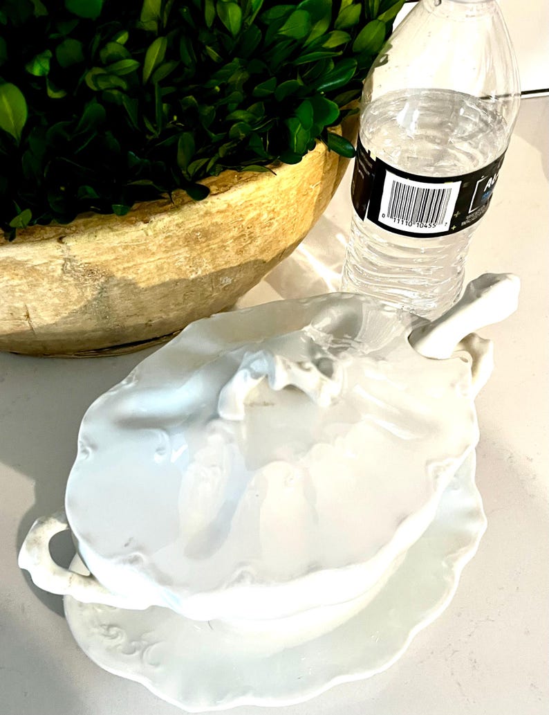 May include: A white porcelain gravy boat with a matching saucer. The gravy boat has a handle and a decorative, scalloped edge. A clear plastic water bottle is next to the gravy boat. A wooden bowl with green foliage is in the background.