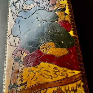 Vintage Lidded Wood Pyrograghy Box maybe Russian ~ Man pulled in cart by Horse