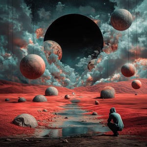 May include: A surreal landscape featuring a red terrain with a central stream, scattered gray boulders, and multiple spheres suspended in a cloudy sky. A hooded figure in a teal jacket crouches near the water, observing the dark celestial void.