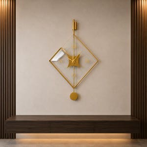 May include: A diamond-shaped wall clock with a gold metal frame and a clear centre panel. It features a central gold star-shaped dial with gold hands, Roman numerals at the cardinal points, and a gold pendulum hanging from the bottom point.