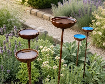 Rusted Metal Bird Bath Set – Corten Steel Garden Stakes, Water Station