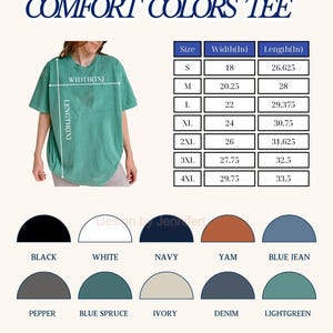 May include: A Comfort Colors t-shirt in a light green shade, shown with a size chart displaying width and length in inches for sizes S through 4XL. Below, ten semi-circular color swatches are labeled: Black, White, Navy, Yam, Blue Jean, Pepper, Blue Spruce, Ivory, Denim, and Lightgreen.