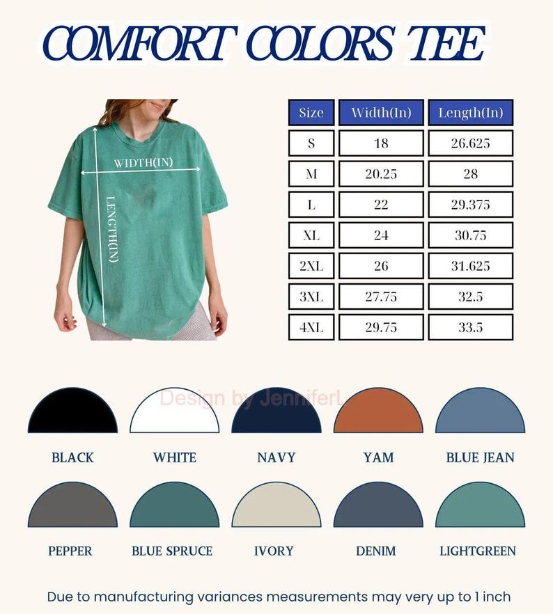 May include: A Comfort Colors t-shirt in a light green shade, shown with a size chart displaying width and length in inches for sizes S through 4XL. Below, ten semi-circular color swatches are labeled: Black, White, Navy, Yam, Blue Jean, Pepper, Blue Spruce, Ivory, Denim, and Lightgreen.