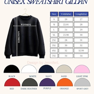 May include: A black crewneck sweatshirt displayed on a hanger with a size chart showing widths and lengths in inches from 20 to 34 inches. Below are color swatches for black, white, navy, sand, light pink, red, dark heather, purple, orange, and sport grey.
