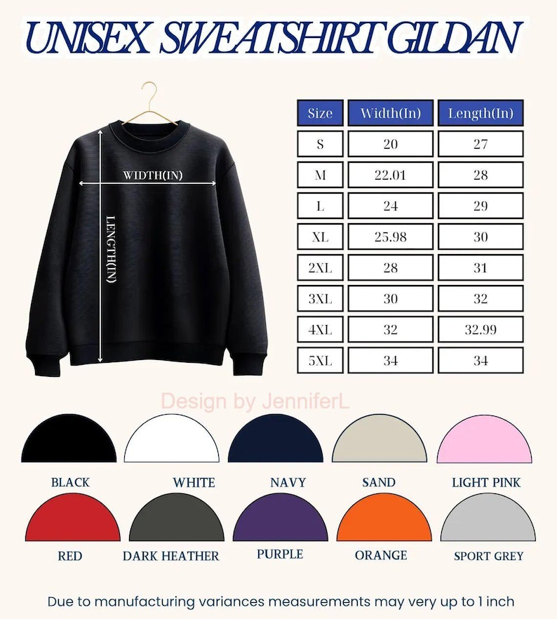 May include: A black crewneck sweatshirt displayed on a hanger with a size chart showing widths and lengths in inches from 20 to 34 inches. Below are color swatches for black, white, navy, sand, light pink, red, dark heather, purple, orange, and sport grey.