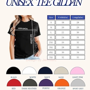 May include: A black t-shirt with a size chart displaying width and length in inches for sizes S through 5XL. Below the chart are ten semi-circular color swatches labeled black, white, navy, sand, light pink, red, dark heather, purple, orange, and sport grey.
