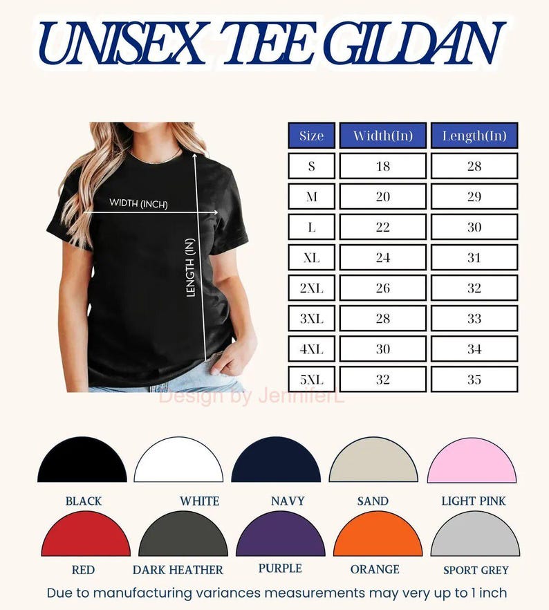 May include: A black t-shirt with a size chart displaying width and length in inches for sizes S through 5XL. Below the chart are ten semi-circular color swatches labeled black, white, navy, sand, light pink, red, dark heather, purple, orange, and sport grey.