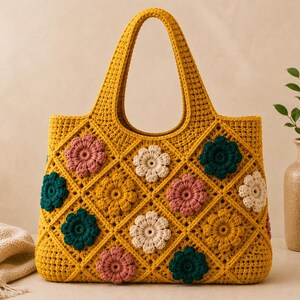 May include: A mustard yellow crochet tote bag featuring a diamond grid pattern. Each diamond contains a three-dimensional flower motif in shades of dusty pink, cream, dark teal, and mustard yellow. The bag has two integrated handles.