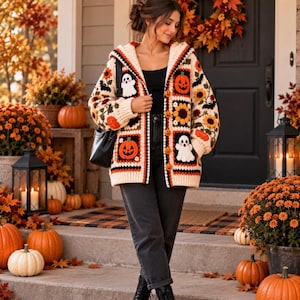 May include: A cream-coloured crochet cardigan featuring a patchwork design of orange pumpkins, white ghosts, black bats, and yellow sunflowers. The long-sleeved garment has a hood, ribbed cuffs, and a front button closure, worn over a black top and jeans.
