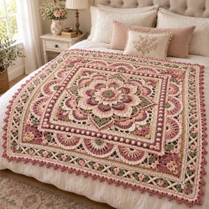 May include: A square crochet blanket featuring a central floral mandala pattern in shades of dusty rose, sage green, and cream. The design includes intricate textured stitches, bobbles, and a decorative lattice border with scalloped edges.
