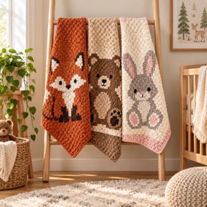 May include: Three rectangular crochet blankets draped over a wooden ladder. The left blanket features a rust-orange fox, the center blanket displays a brown bear, and the right blanket shows a gray rabbit with pink accents on a cream background.