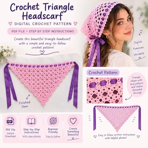 Puede incluir: Un patrón de ganchillo digital para un pañuelo triangular, con un diseño de ganchillo rosa calado y una cinta morada enhebrada por el borde superior. El documento incluye instrucciones paso a paso, un archivo PDF y fotografías.
