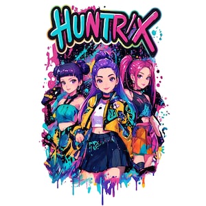 May include: A graphic illustration featuring three anime-style characters with vibrant purple and pink hair, wearing colourful outfits including a yellow jacket and skirts, set against a paint-splatter background with the text HUNTRIX in bold letters.
