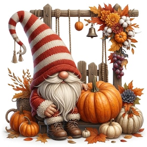 May include: A gnome wearing a red and white striped knit hat and brown boots sits next to a large orange pumpkin. The scene includes a wooden fence, autumn leaves, cotton bolls, small pumpkins, a metal bell, and purple grapes in a fall display.
