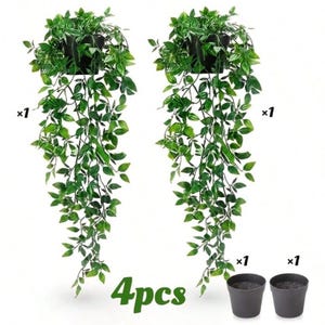 May include: Two artificial hanging plants with vibrant green leaves cascading from black pots, accompanied by two additional empty black pots. The text 4pcs is displayed at the bottom, with x1 labels indicating the individual components of the set.
