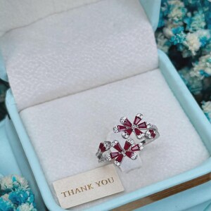 Red Ruby Double Flower Bypass Ring with Diamond Accents - Birthstone Statement Ring