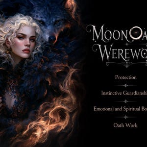Puede incluir: Una ilustración digital que muestra a una persona con cabello rubio largo y ondulado y un lobo oscuro emergiendo de las sombras. El texto dice Moon Oath Werewolf, Protection, Instinctive Guardianship, Emotional and Spiritual Bonding y Oath Work.