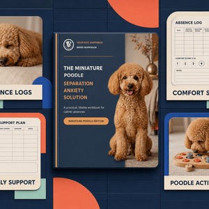 May include: A workbook titled The Miniature Poodle Separation Anxiety Solution featuring a brown poodle on the cover, accompanied by three informational inserts labeled Absence Logs, Weekly Support Plan, and Poodle Activities with charts.