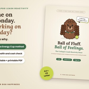 May include: A digital guide titled Cockapoo Leash Reactivity featuring the text Fine on Monday. Barking on Friday? and an illustration of a brown dog holding a tennis ball with a speech bubble saying Is that dog... bringing a BALL?!