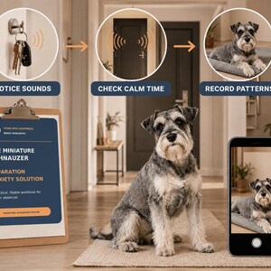 Peut inclure: Un presse-papier avec un manuel intitulé The Miniature Schnauzer Separation Anxiety Solution, un Schnauzer nain assis et un smartphone affichant une photo du chien. Trois icônes circulaires montrent des clés, une porte et le chien au repos.