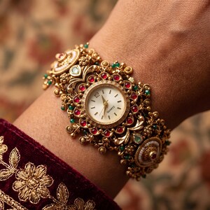 May include: A gold-toned quartz watch with a round white face featuring the word QUARTZ. The watch band is an ornate, wide metal cuff decorated with small red and green stones, intricate filigree metalwork, and circular accents.