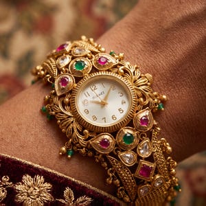 Antique Gold Peacock Bracelet Watch, Ruby Emerald Kundan, Indian Ethnic Rajwadi Jewellery